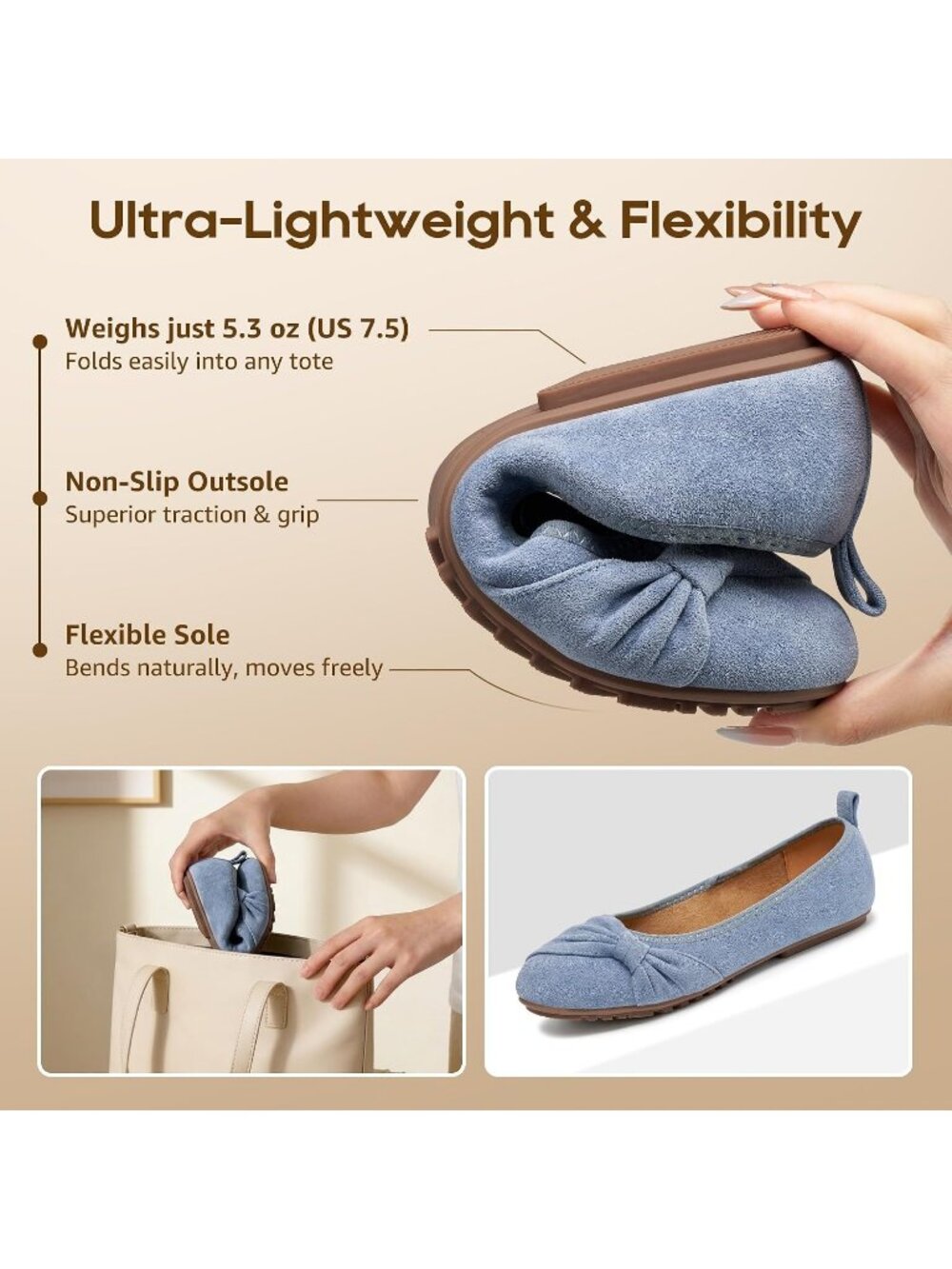 Women's Blue Suede Comfortable Ballet Flats Cushioned Foldable Slip On Shoes - Picture 5 of 6